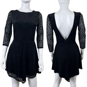 Bershka Womens Size L Black Animal Print Velvet Sheer Mesh Black Mini NEW Dress